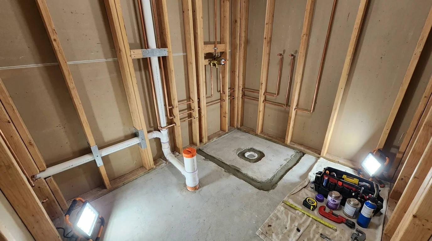 Bathroom rough-in plumbing during remodel by Johns Plumbing LLC in Wilson