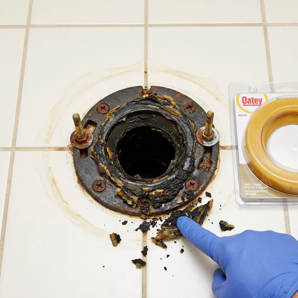 Failed wax ring showing water seepage at the base of a toilet in a Wilson, NC home